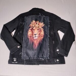 Fashion Nova Her Majesty Denim Jacket Black Lion Crown Graphic Distressed Size M